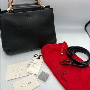 GUCCI Nappa Bamboo Medium Nymphaea Top Handle Bag Black with Dustbag